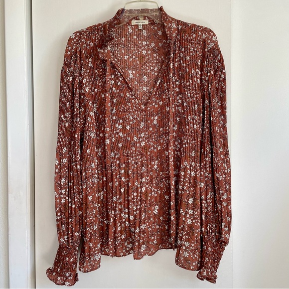 Flowy Floral Long Sleeve Blouse, Tied High Collar - Picture 9 of 10